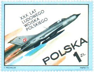 Poland 1973 30th Anniversary of Polish People's Army 1zl MiG-21 D fighter stamp