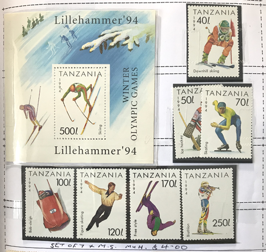 Tanzania 1994 Lillehammer Winter Olympics stamp set and miniature sheet