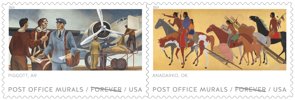 USA 2019 Post Office Murals Piggott AR and Anadarko OK stamps