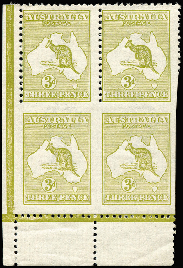 Phoenix Auctions Lot 47 3d Olive Die I Plate 2 bottom left corner block of 4 lower units Imperforate on 3 sides from bottom of sheet