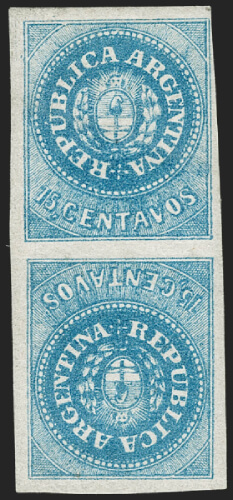 Siegel June 2020 Lot 314 Argentina 1862 15 centavo Escudito tête-bêche pair