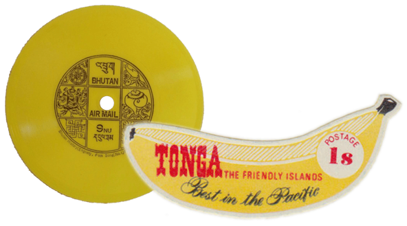 Tonga 1969 banana 1s stamp and Bhutan 1972 vinyl record 9nu stamp