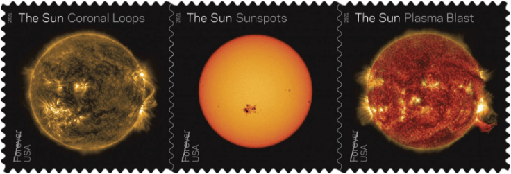 USA 2021 Sun Science stamp strip Coronal Loops Sunspots Plasma Blast