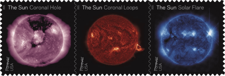 USA 2021 Sun Science Forever stamp strip Coronal Hole Coronal Loops Solar Flare