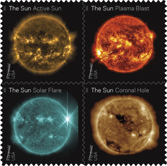 USA 2021 Sun Science Forever stamp block Active Sun Plasma Blast Solar Flare Coronal Hole