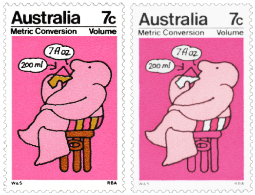 A 1973 Metric Conversion stamp issued by Australia in 1973 shows a man drinking from a glass, with the liquid shown in both millilitres and fluid ounces. This stamp also appears with the olive colour omitted, affecting the colour of the man's drink, his seat, and the stripes on his shorts.