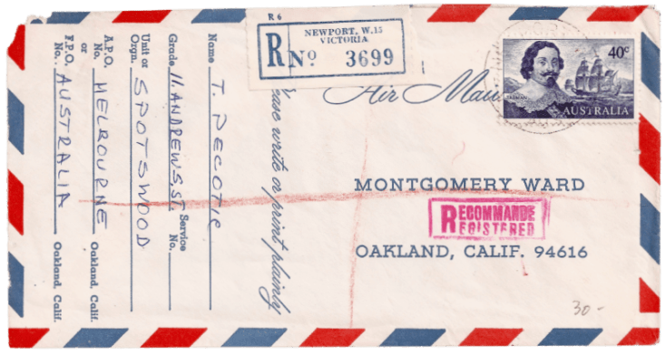 Australia 1966 Navigators 40s Abel Tasman stamp on a Registered commercial Air Mail cover to the USA