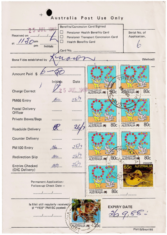 Australia 1988 Living Together 80c Performing Arts block of seven serving as most of a mail redirection receipt