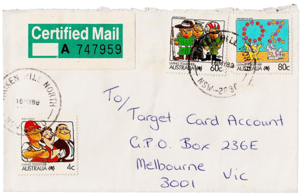 Australia 1988 Living Together 80c Performing Arts stamp in combination paying domestic Certified Mail