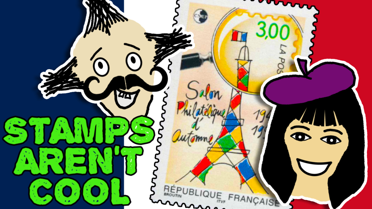 Cartoon depictions of Punk and Mrs Punk appear on either side of a colourful French stamp depicting Paris's Eiffel Tower, in front of a background representing the French flag