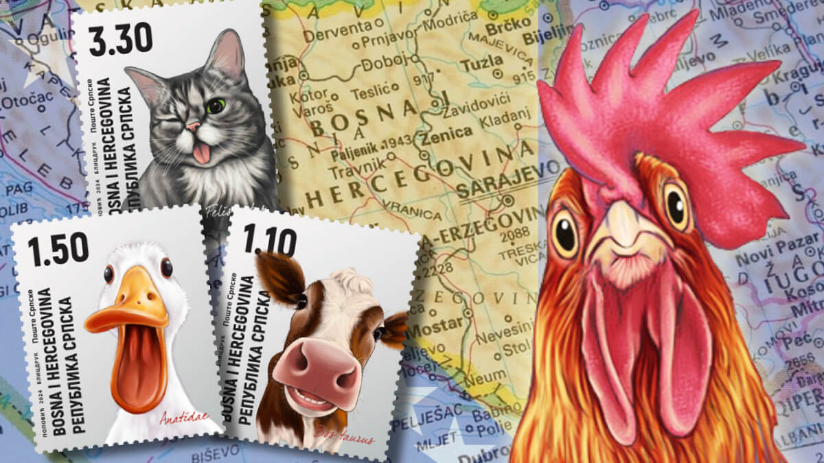 Three stamps from the Republika Srpska entity of Bosnia and Herzegovina are pictured over a map of the nation, with a confused rooster looming large in the foreground