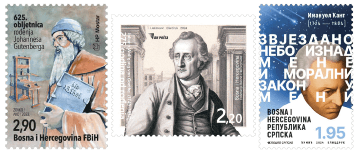 Stamps from the three postal administrations of Bosnia and Herzegovina depict the old, dead Germans Gutenberg, Goethe and Kant