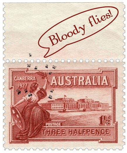 A marginal copy of a 1927 Australian stamp celebrating the opening of Parliament House in Canberra. In this image, the allegorical figure of Australia is using her palm leaf to shoo away a swarm of blowfies, shouting "Bloody flies!"