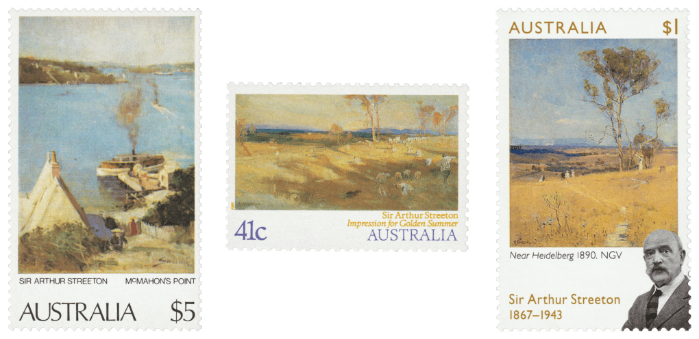 Three Australian stamps issued in 1989, 1989 and 2017 featuring artworks by Sir Arthur Streeton