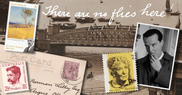 Stamps depicting Mary Gilmore, Henry Lawson, and Sir Arthur Streeton are depicted along with an old postcard of the Singapore River and an excerpt of the written postcard message that reads "There are no flies here!" Also seen is Andrew Scott as Tom Ripley in the Netflix drama 'Ripley'.