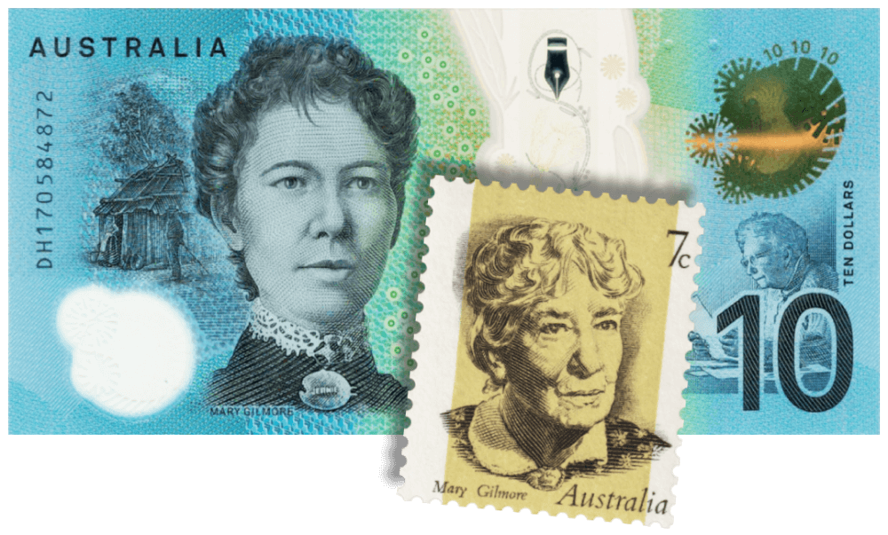 A 7-cent 1973 Australian stamp of writer and activist Mary Gilmore, overlaid on a ten-dollar Australian currency note also depicting Mary Gilmore