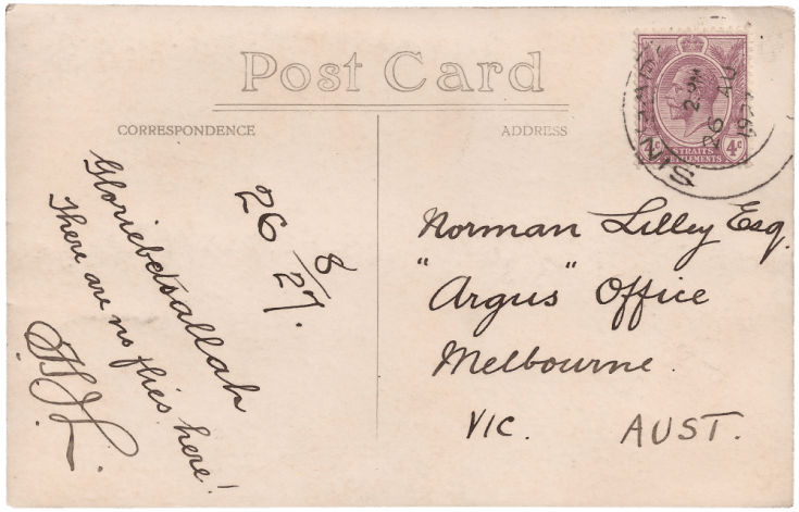 The photo side of a 1920s postcard depicting the Anderson Bridge over the Singapore River