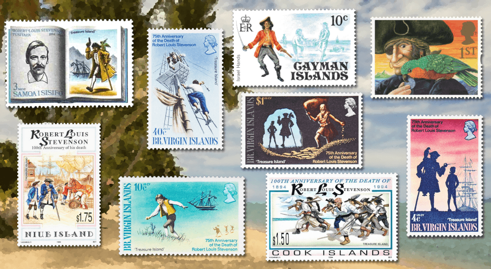 A collage of nine Treasure Island-themed postage stamps from around the world